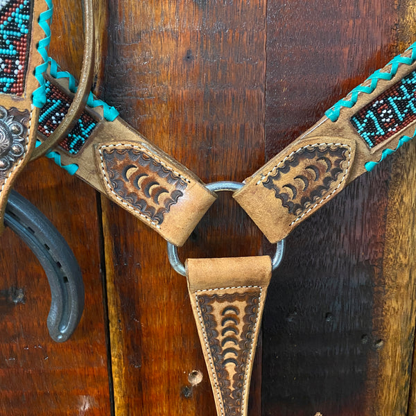 Headstall set with Aztec beaded inlay & teal rawhide laced