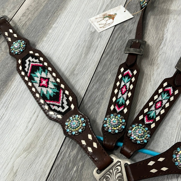 Pink and Teal Beaded One Ear Tack Set with bling conchos