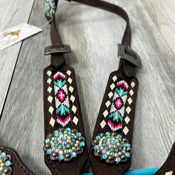 Pink & Teal Beaded One Ear Tack Set with bling conchos
