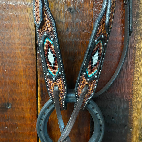 Dark Brown Two-Tone Argentina Leather Brow-Band Bridle With Beaded Inlay