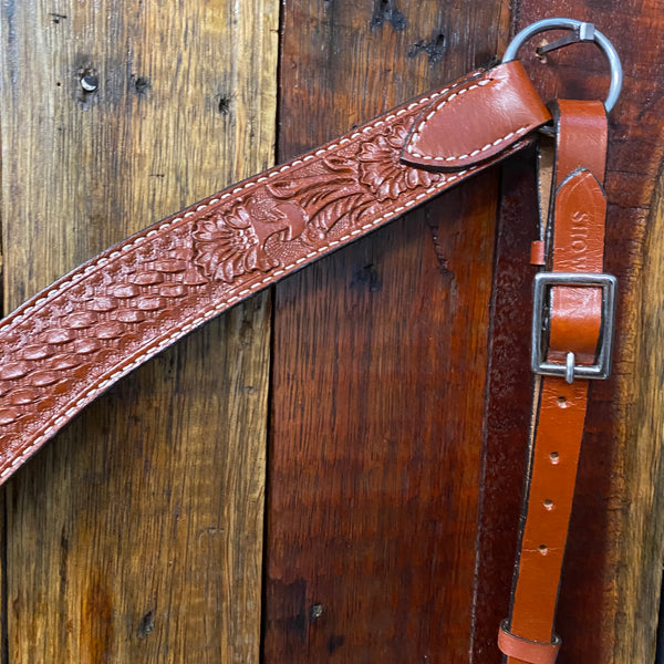 Leather breast collar has floral and basketweave tooling