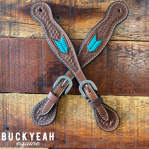 Ladies tooled Spur Straps with Teal Arrows