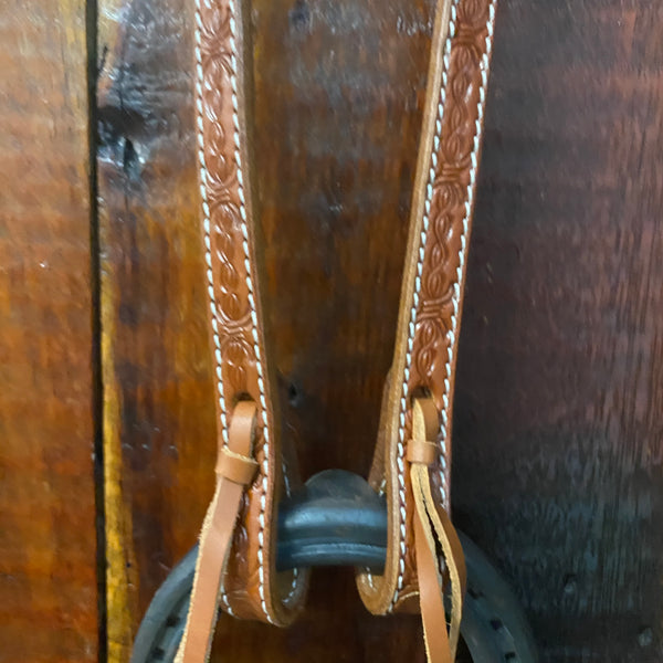 Argentina cow leather one ear headstall with detailed barb wire tooling