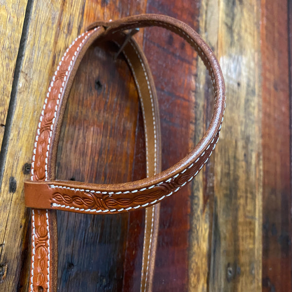 Argentina cow leather one ear headstall with detailed barb wire tooling