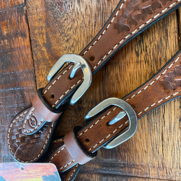 Ladies tooled Spur Straps with Teal Arrows