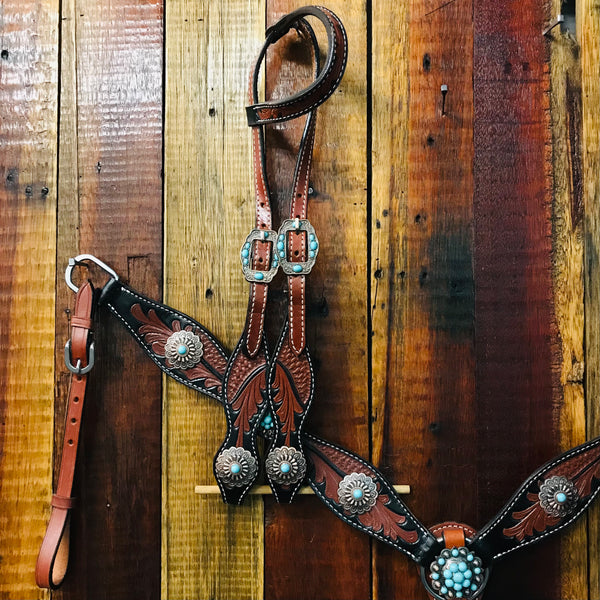 Two-Tone Tooled Single Ear with Turquoise Conchos Tack Set