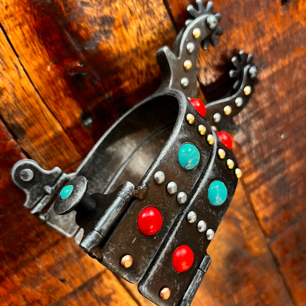 Steel Spur with Red and Teal Marble Studs