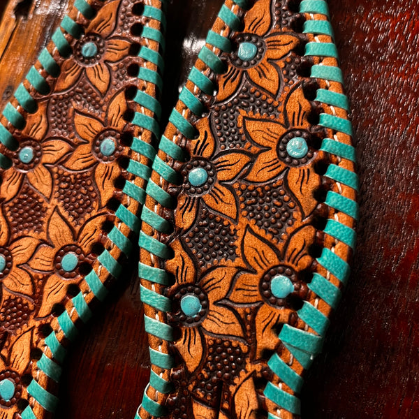 Ladies Spur Straps With Tooled Flowers With Teal Whip stitch
