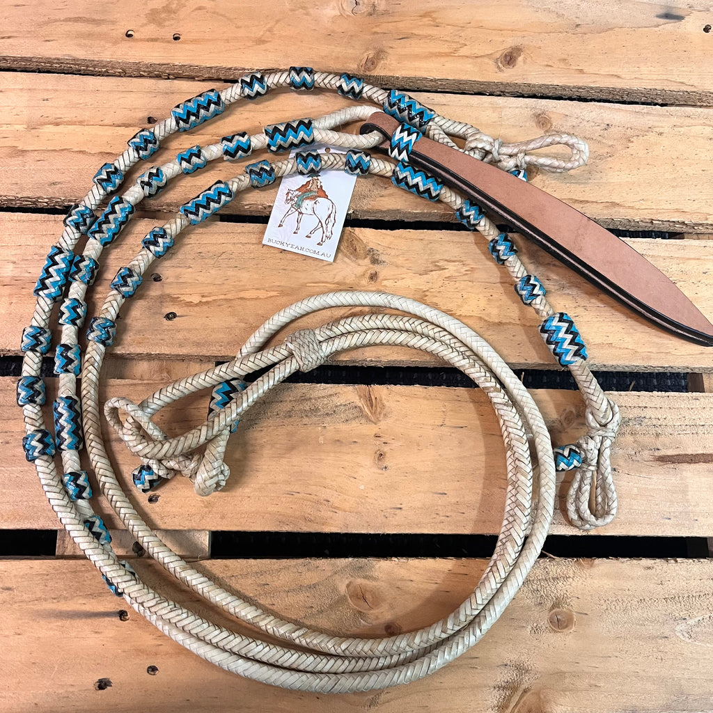 8FT Popper & Blue Rawhide Beads Romal Reins
