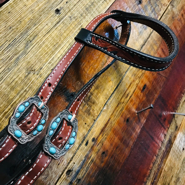 Two-Tone Tooled Single Ear with Turquoise Conchos Tack Set