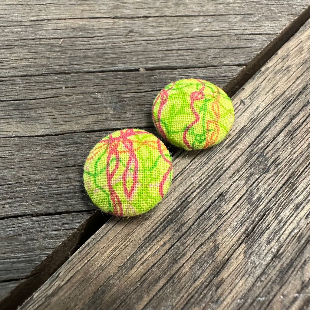 Green W Mixed Lines Fabric Earrings