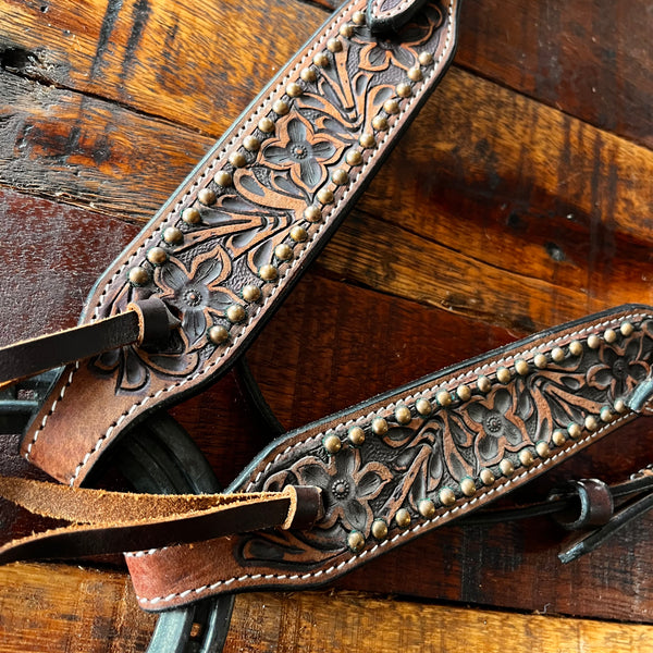 Two-Toned Brown Bridle with Floral Tooling and copper dots
