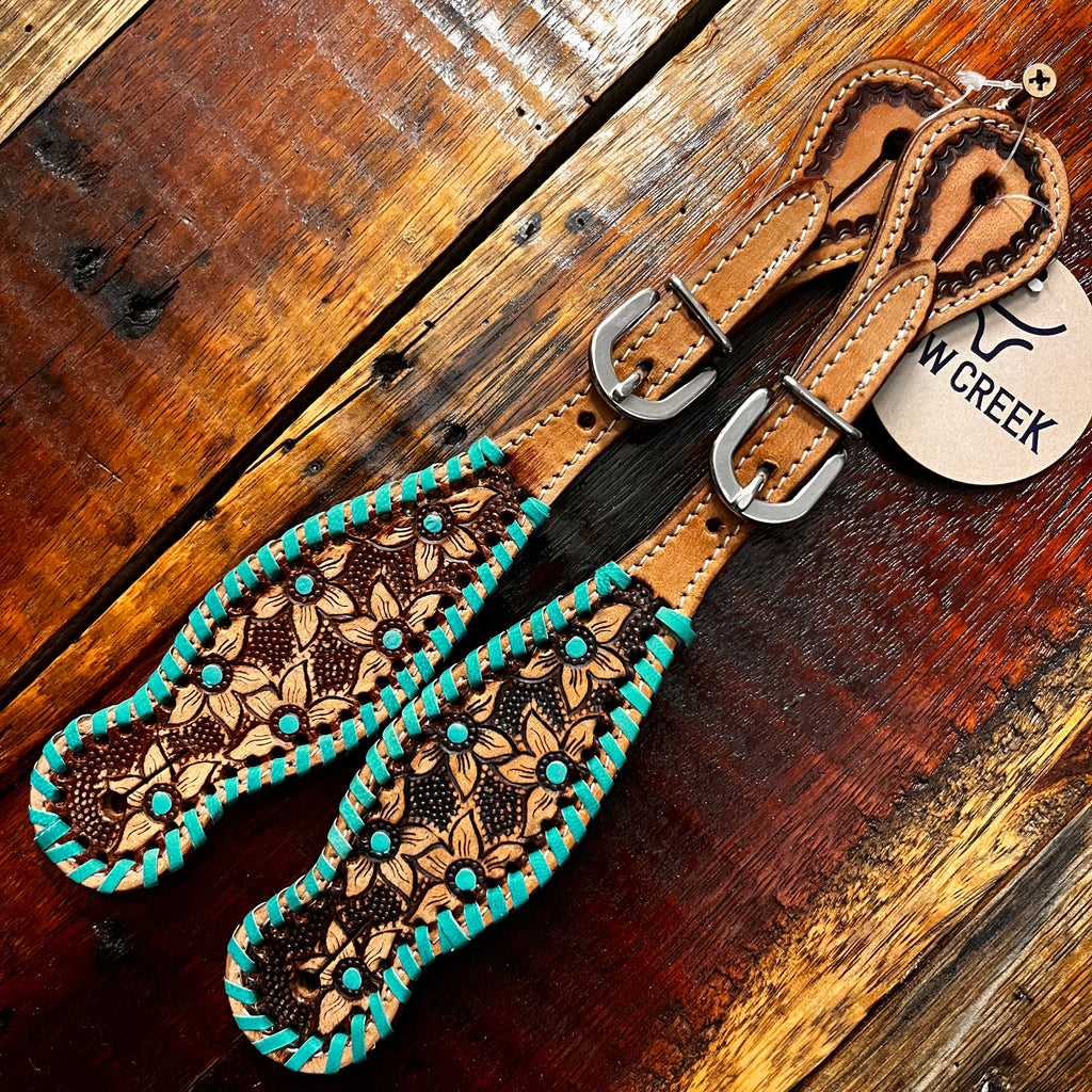 Ladies Spur Straps With Tooled Flowers With Teal Whip stitch
