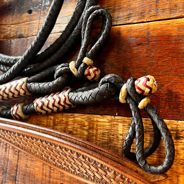 8FT Braided Dark Brown Rawhide Romal Reins With Leather Popper