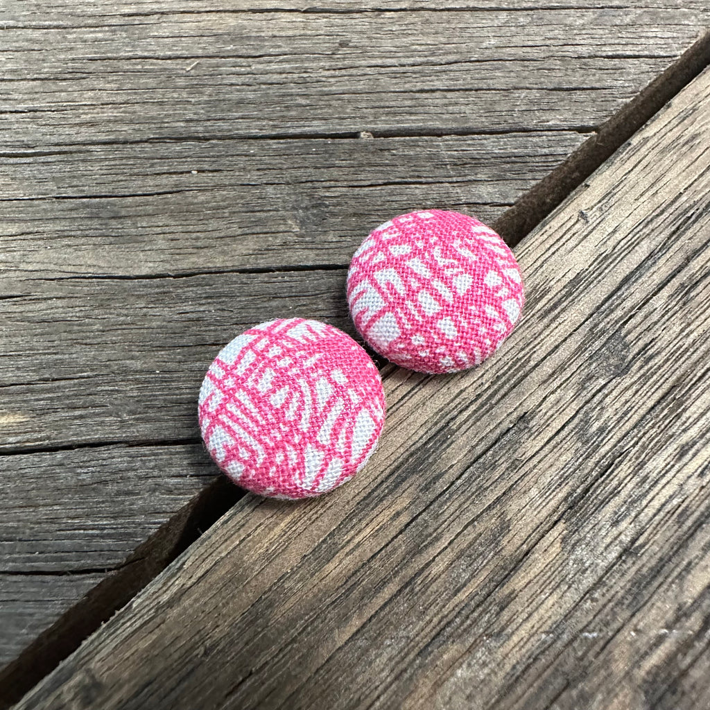 White W Pink Lines Fabric Earrings
