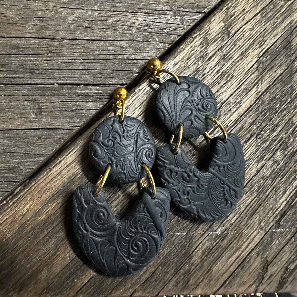 Black Inprinted Clay  Dangle Earring