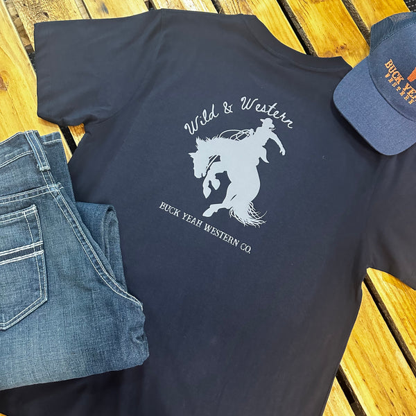 Wild & Western Bronc Mens Crew Neck Tee - Navy