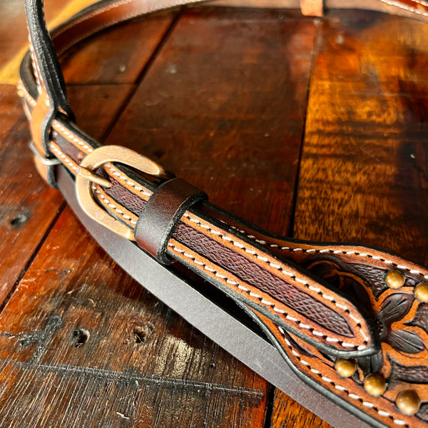 Two-Toned Brown Bridle with Floral Tooling and copper dots