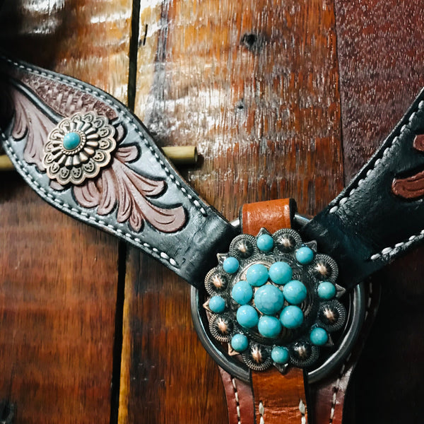 Two-Tone Tooled Single Ear with Turquoise Conchos Tack Set