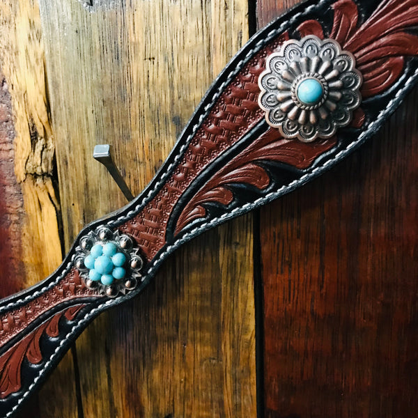 Two-Tone Tooled Single Ear with Turquoise Conchos Tack Set