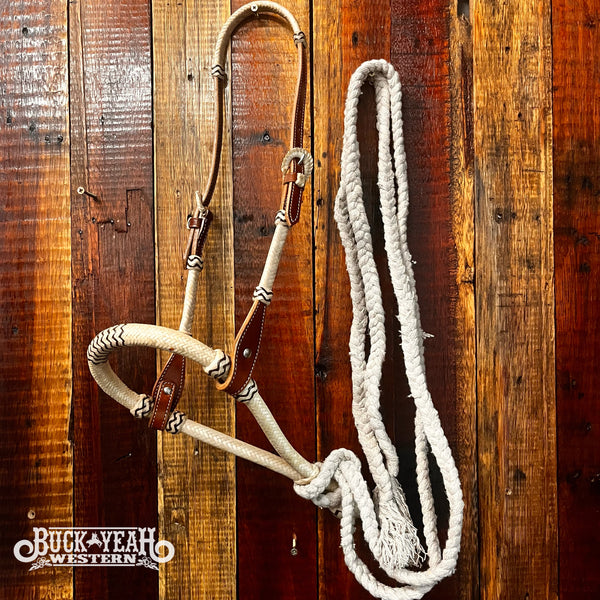 Leather Show Bosal with Rawhide Braided and Cotton Mecate Reins