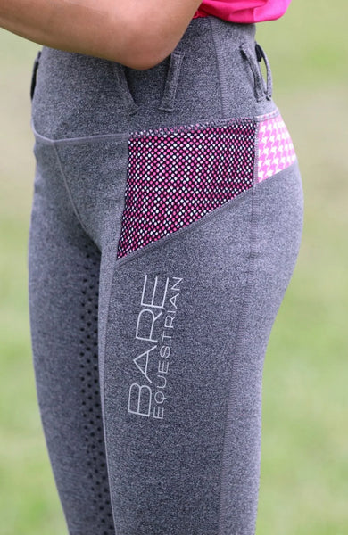 BARE Equestrian Youth Performance Riding Tights - Grey with Pink Houndstooth