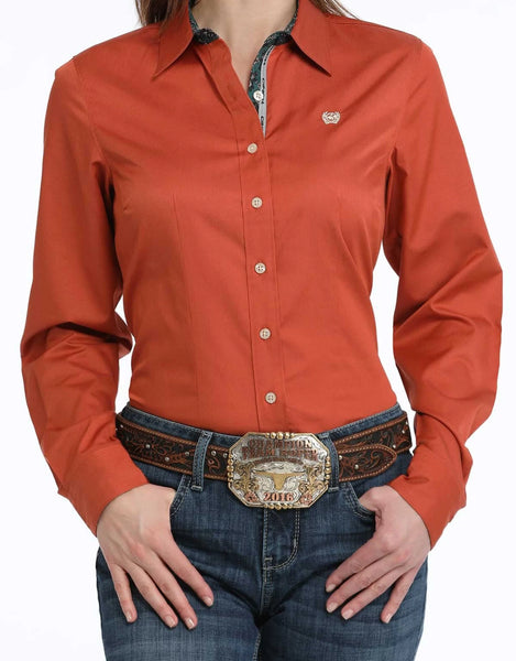 Womens CINCH Tencel Micro Stripe Long Arena Shirt - Copper