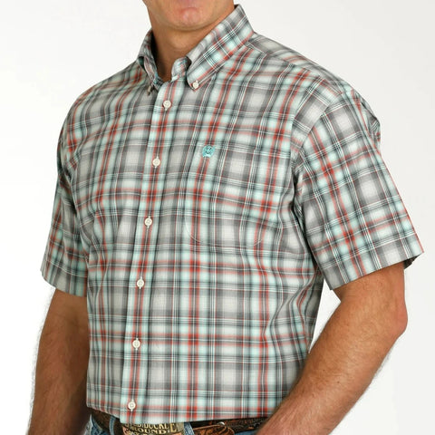 Cinch Mens Shirt - Classic Short Sleeve - Cream / Charcoal / Red