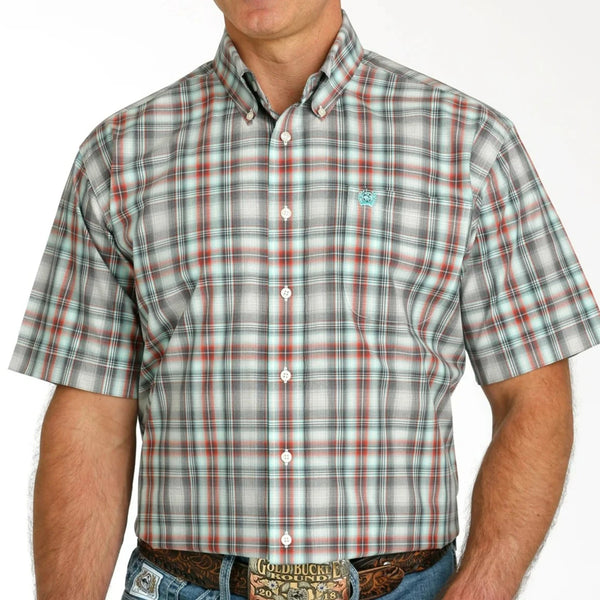 Cinch Mens Shirt - Classic Short Sleeve - Cream / Charcoal / Red