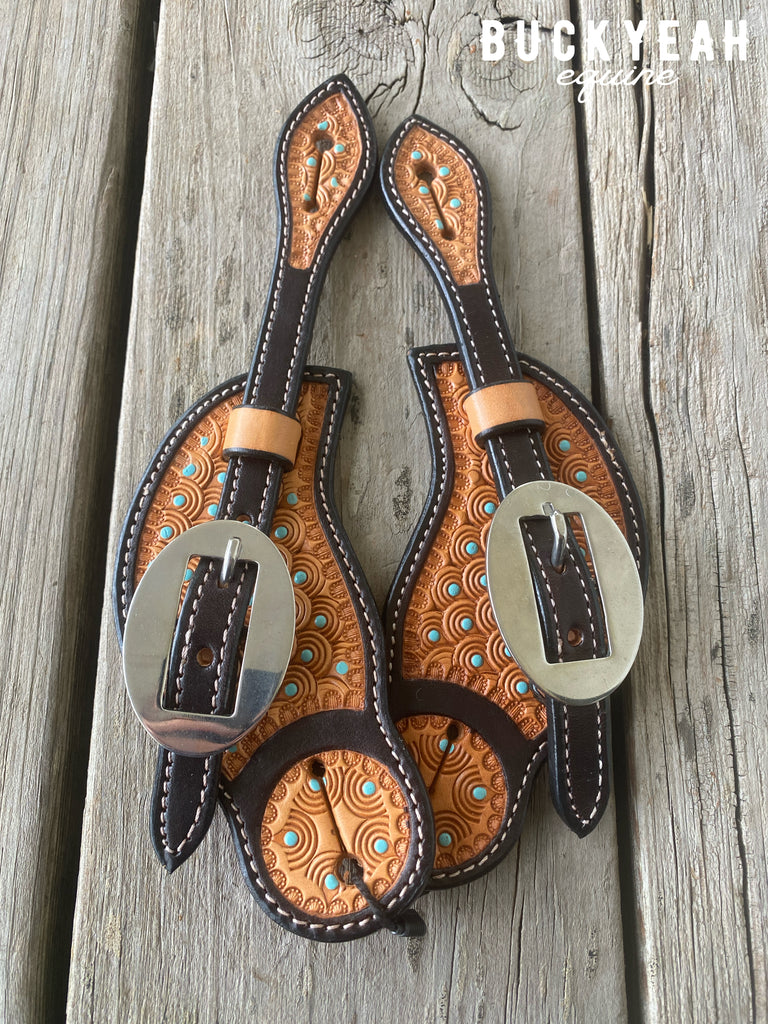 Ezy Ride Spur Strap Cowboy Shaped with Stamping and Turquoise Dots Two Tone