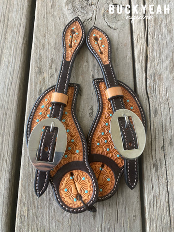 Ezy Ride Spur Strap Cowboy Shaped with Stamping and Turquoise Dots Two Tone
