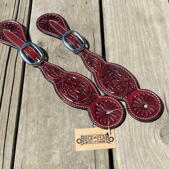 Burgundy Leather Floral Tooled Spur Straps