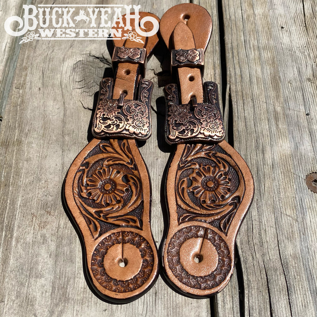 Youth size floral tooled spur straps