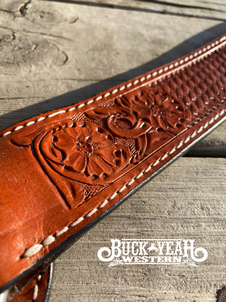 Leather Breast collar with floral and basketweave tooling