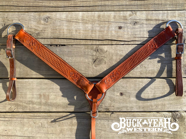 Leather Breast collar with floral and basketweave tooling
