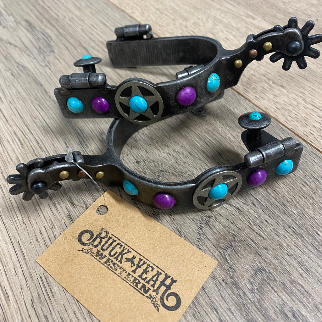 Ladies Antique grey steel spur with purple and teal marble studs